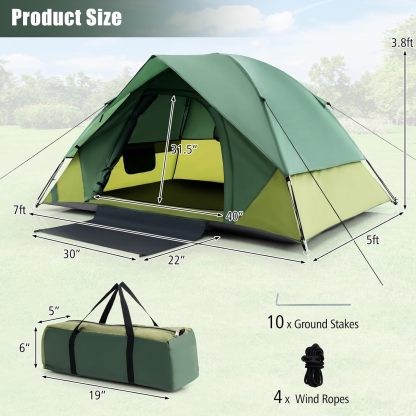 2-Person Camping Tent with Removable Rain Fly, Outdoor Tent with Double-Layer Door, 2 Mesh Windows, Carrying Bag, Portable Tent for Camping, Hiking, Traveling