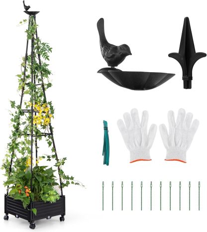 81” Garden Obelisk Trellis for Climbing Plants, Tall Plant Support w/Self-Drainage System, Adjustable Size & Wheels for Vines Fruits Flowers, Indoor Outdoor Tomato Cage Tower for Yard Lawn