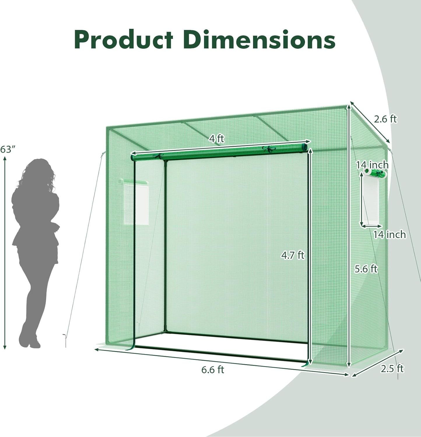 Portable Mini Greenhouse, Walk-in Greenhouse w/PE Cover, 4 Wind Ropes & Ground Stakes, Roll-up Zipper Door, Double-Layer Screen Windows, Greenhouses
