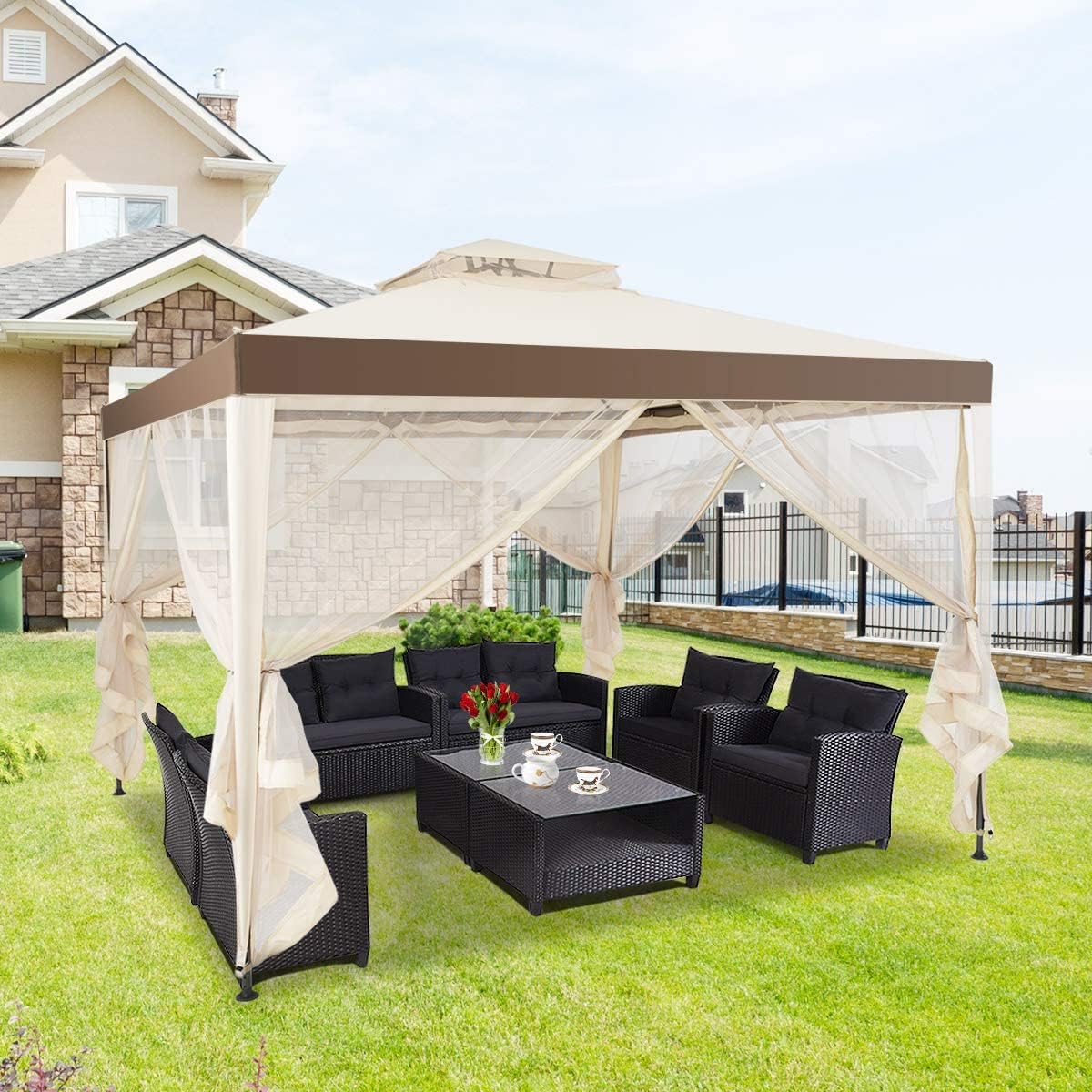 10FT Patio Canopy Gazebo with Double Tiered Roof, Outdoor Tent Shelter Garden Party Tent with Steel Frame & Removable Mesh Side Walls Net for Patio Lawn or Deck