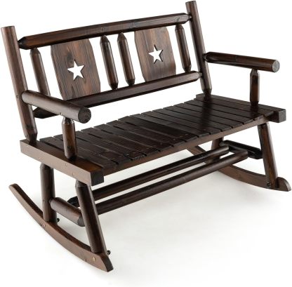 Outdoor Wood Rocking Bench Carbonized Double Rocking Chair for 2 Persons with Wide Curved Seat, Porch Rocker for Porch, Garden, Backyard, 710LBS Capacity, Rustic Brown