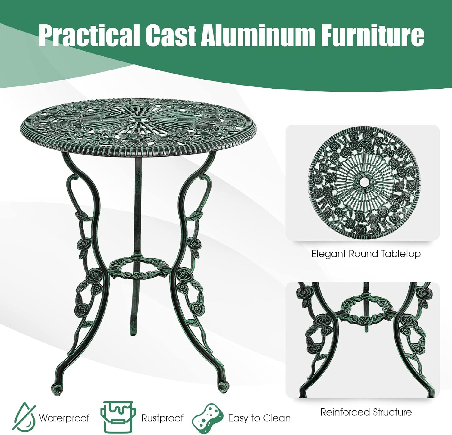 3-Piece Outdoor Bistro Set Rust-Resistant Cast Aluminum Table and Chairs with Elegant Rose Pattern, Outdoor Furniture Set with 1.9” Umbrella Hole for Balcony Backyard Garden Deck