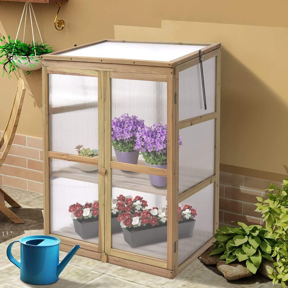 Cold Frame Greenhouse, Portable Wood Mini Greenhouse w/Transparent Openable Roof, Double Doors & 3 Tier Shelves, Small Greenhouse