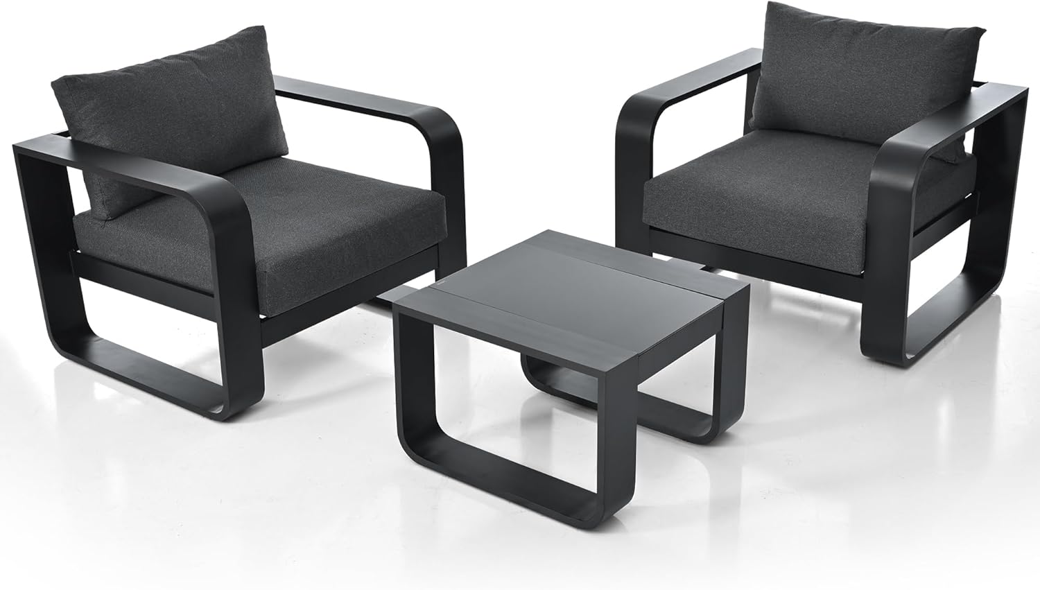3 Pieces Outdoor Patio Furniture with Aluminum Frame Finest Teak Wood Armrest Thick Cushion Sofa and Table, Modern Patio Conversation Set