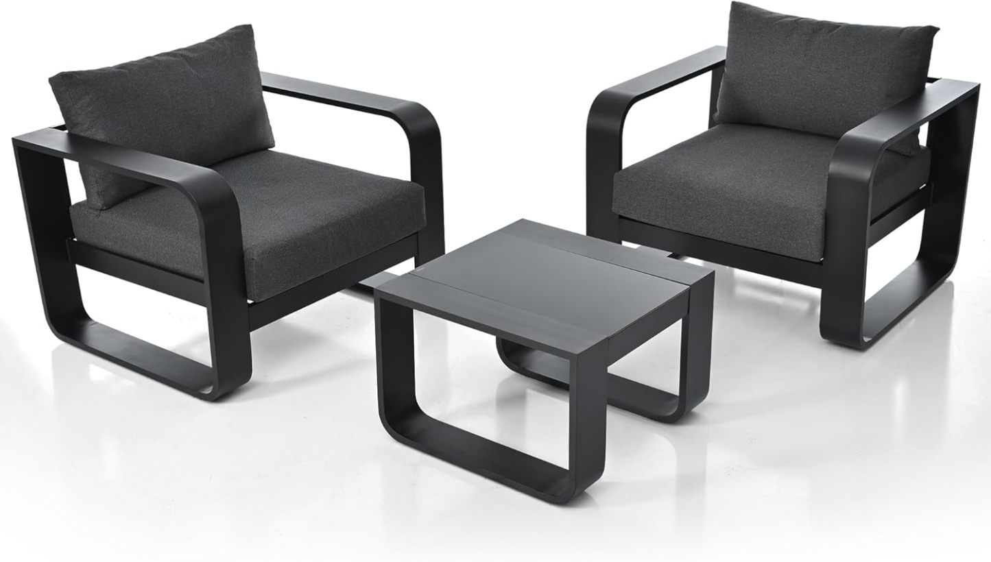 3 Pieces Outdoor Patio Furniture with Aluminum Frame Finest Teak Wood Armrest Thick Cushion Sofa and Table, Modern Patio Conversation Set