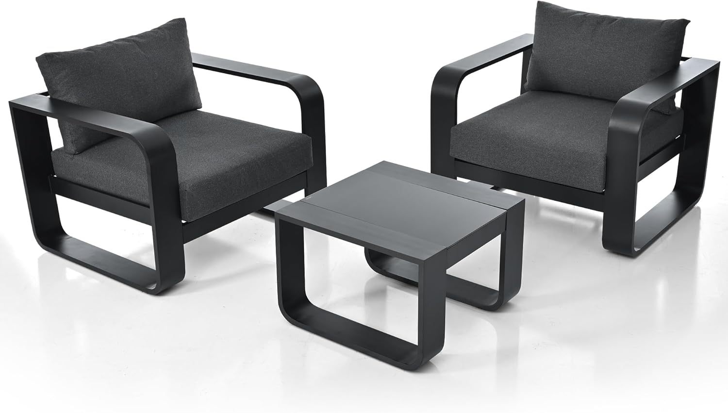 3 Pieces Outdoor Patio Furniture with Aluminum Frame Finest Teak Wood Armrest Thick Cushion Sofa and Table, Modern Patio Conversation Set