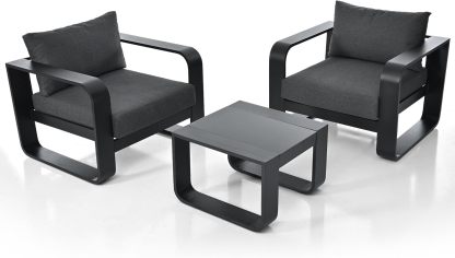 3 Pieces Outdoor Patio Furniture with Aluminum Frame Finest Teak Wood Armrest Thick Cushion Sofa and Table, Modern Patio Conversation Set
