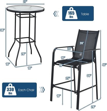 3-Piece Patio Bar Set Outdoor High Top Bistro Set with 2 Bar Stools and 1 Tempered Glass Top Table