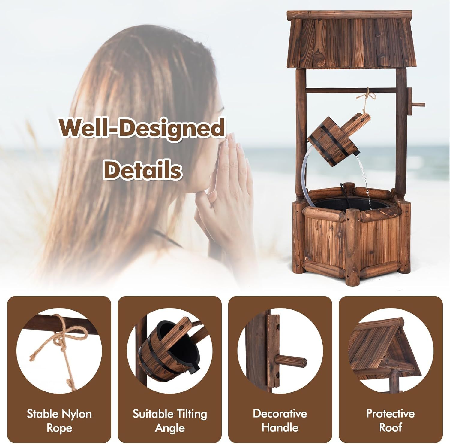 Outdoor Wishing Well Water Fountain, Old-Fashioned Wood Waterfall Fountain with Bucket Pump