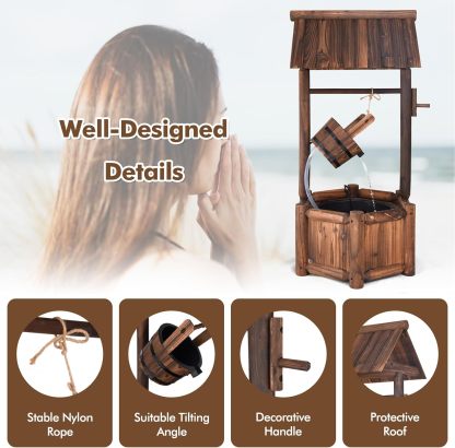 Outdoor Wishing Well Water Fountain, Old-Fashioned Wood Waterfall Fountain with Bucket Pump