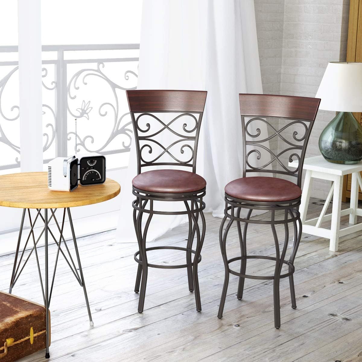Bar Stools Set of 2, 360 Degree Swivel Counter Height Bar Stools with Leather Padded Seat & Back for Bistro Dining Kitchen Patio, 30" Height Seat Bar Stool Chairs for Kitchen Island
