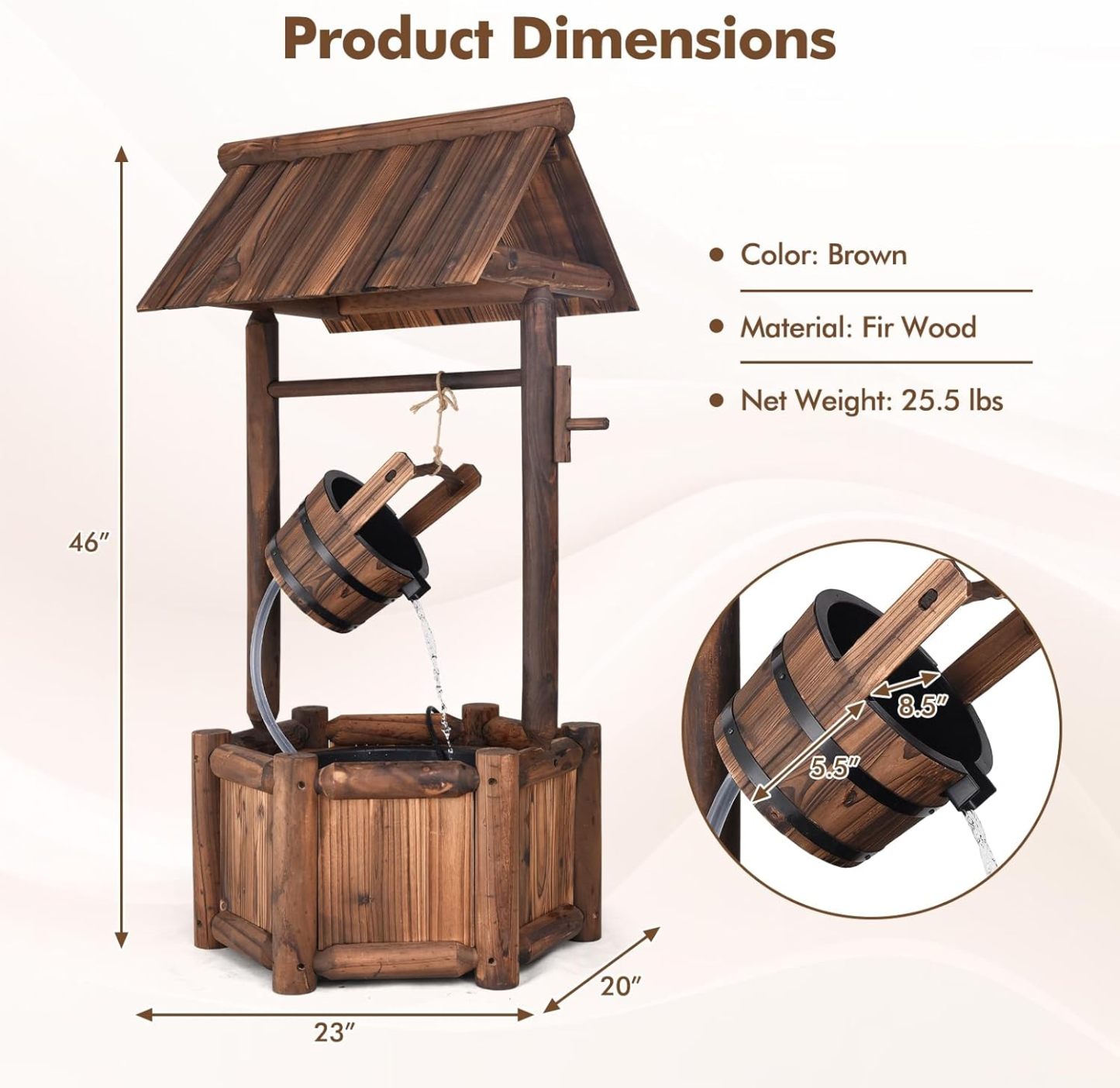 Outdoor Wishing Well Water Fountain, Old-Fashioned Wood Waterfall Fountain with Bucket Pump