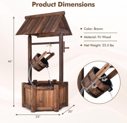 Outdoor Wishing Well Water Fountain, Old-Fashioned Wood Waterfall Fountain with Bucket Pump