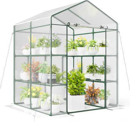Walk-in Greenhouse, Winter Hot House w/4 Tiers, 8 Shelves, Roll-up Zippered Door, Waterproof PVC Film, Portable Greenhouses for Outdoors for Potted Plants