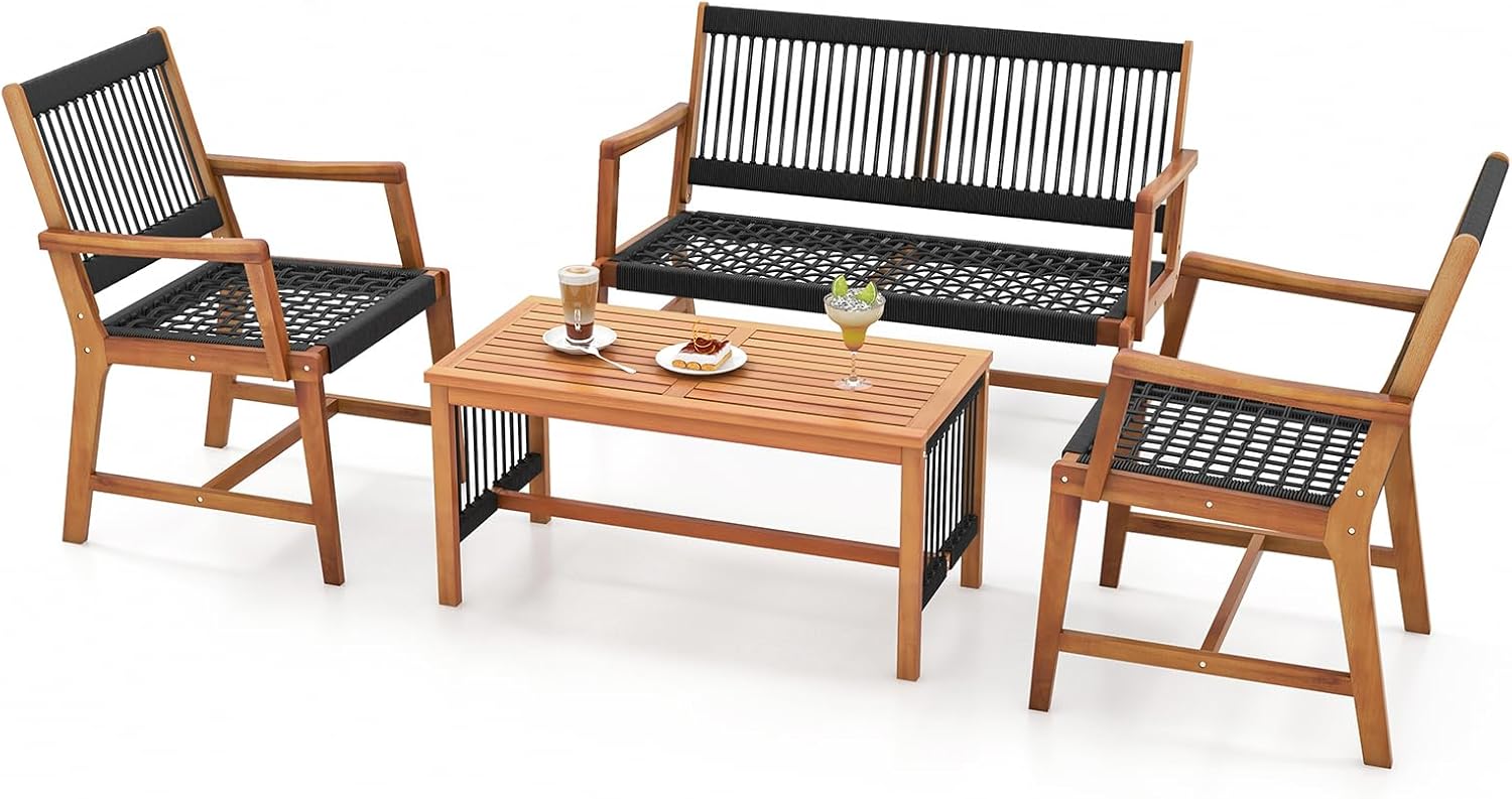 4 Pieces Patio Furniture Set Acacia Wood Conversation Set with Hand-Woven Rope Design, Ergonomic Loveseat & Single Chairs