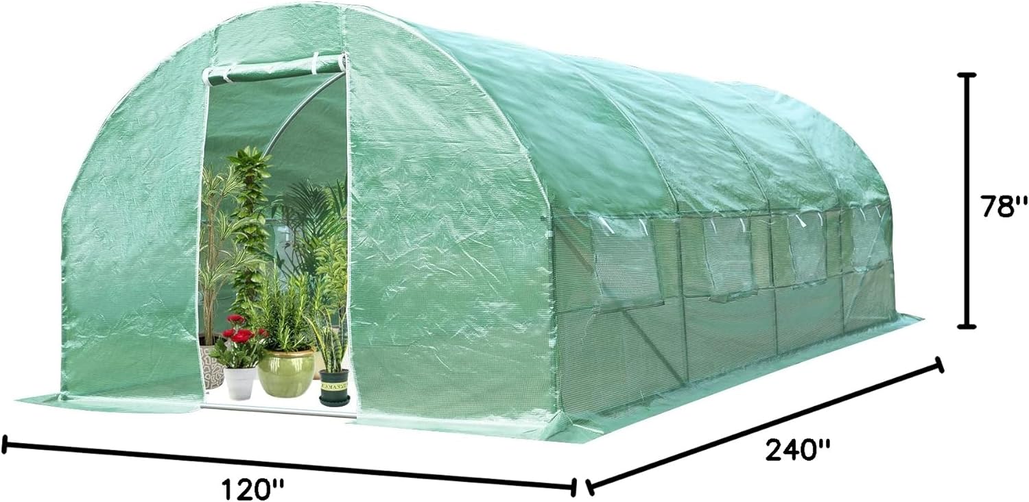 10 x 20 x 6.5 FT Large Walk-in Greenhouse Tunnel Plants Growing Tent with 2 Zippered Doors & 8 Roll-up Windows, Solid Metal Structure