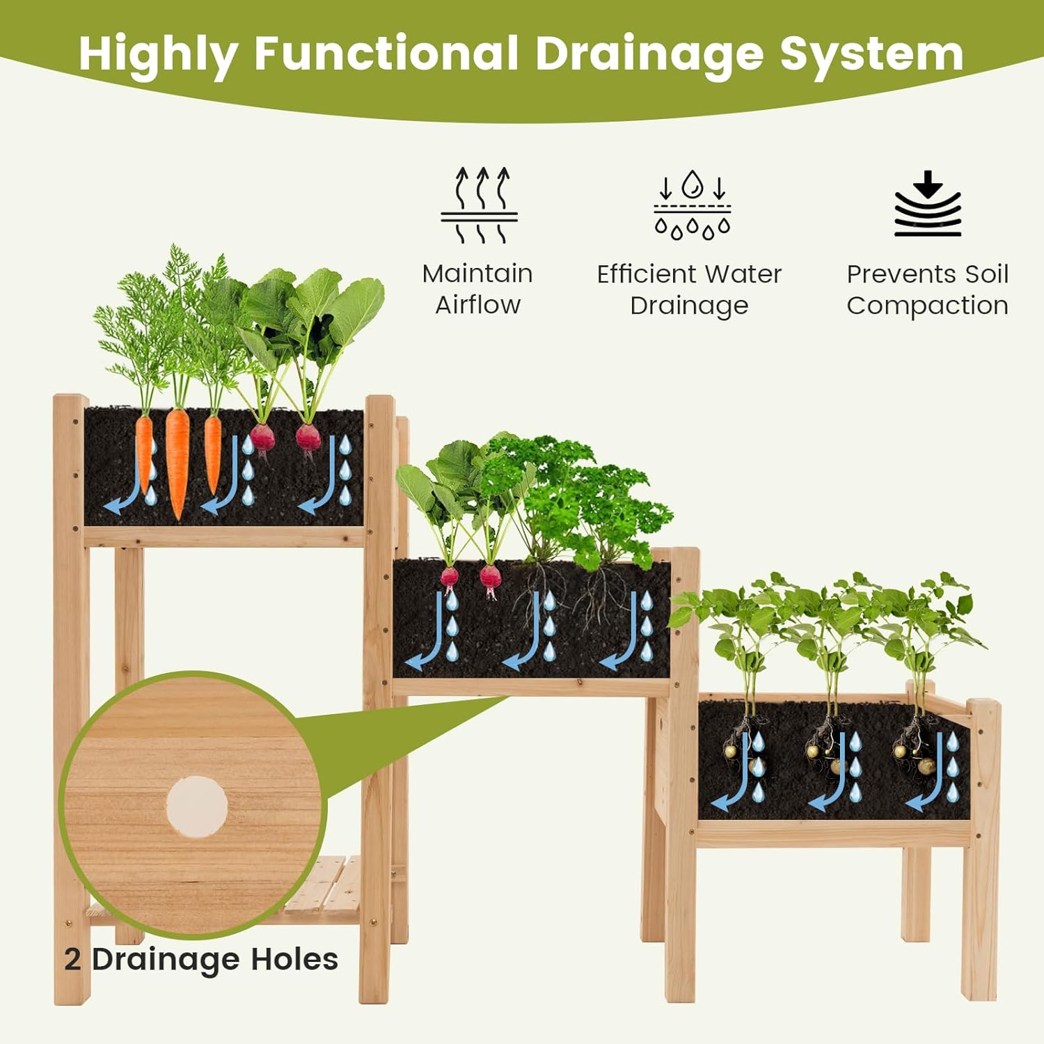 3-Tire Raised Garden Bed, Wooden Raised Planter Box with 3 Planter Boxes, Drainage Holes, Open Storage Shelf, Outdoor Garden Bed with Legs for Plant, Fruit, Vegetable, Flower, Herb