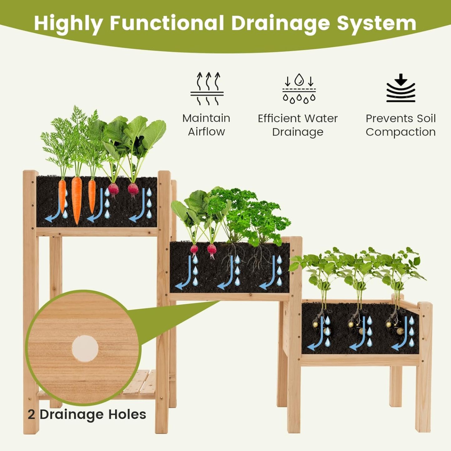 3-Tire Raised Garden Bed, Wooden Raised Planter Box with 3 Planter Boxes, Drainage Holes, Open Storage Shelf, Outdoor Garden Bed with Legs for Plant, Fruit, Vegetable, Flower, Herb