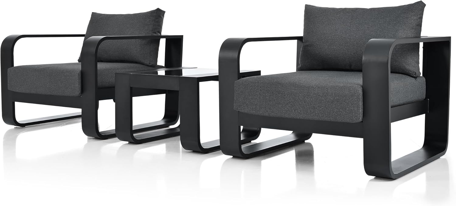 3 Pieces Outdoor Patio Furniture with Aluminum Frame Finest Teak Wood Armrest Thick Cushion Sofa and Table, Modern Patio Conversation Set