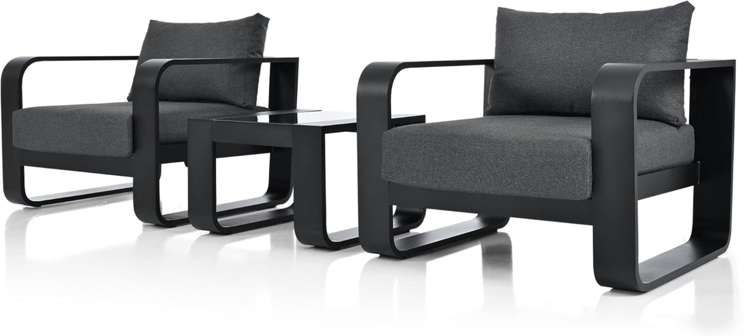 3 Pieces Outdoor Patio Furniture with Aluminum Frame Finest Teak Wood Armrest Thick Cushion Sofa and Table, Modern Patio Conversation Set