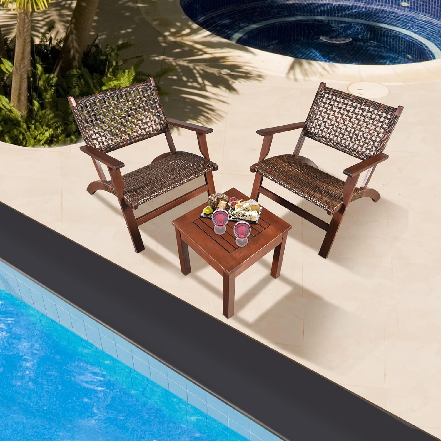 3 Piece Patio Conversation Set Eucalyptus Wood Chair with Rattan Wicker Back & Seat, Ergonomic Curved Design, Patio Bistro Set with Compact Coffee Table for Poolside Backyard Garden