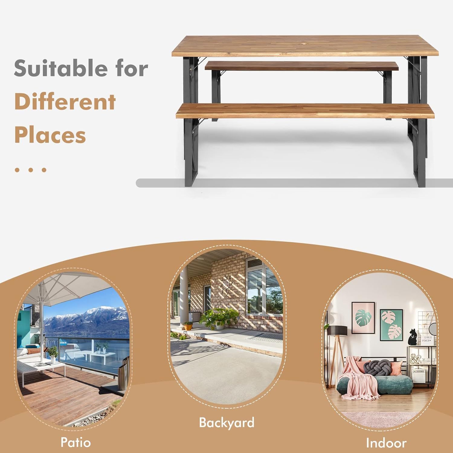 3 Pieces Outdoor Dining Set with Metal Frame, Solid Acacia Wood Patio Dining Table and Bench Set with 2 Inches Umbrella Hole