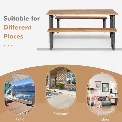 3 Pieces Outdoor Dining Set with Metal Frame, Solid Acacia Wood Patio Dining Table and Bench Set with 2 Inches Umbrella Hole