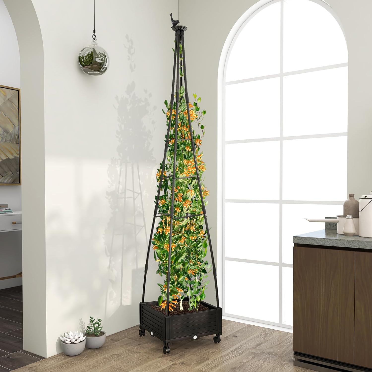 81” Garden Obelisk Trellis for Climbing Plants, Tall Plant Support w/Self-Drainage System, Adjustable Size & Wheels for Vines Fruits Flowers, Indoor Outdoor Tomato Cage Tower for Yard Lawn