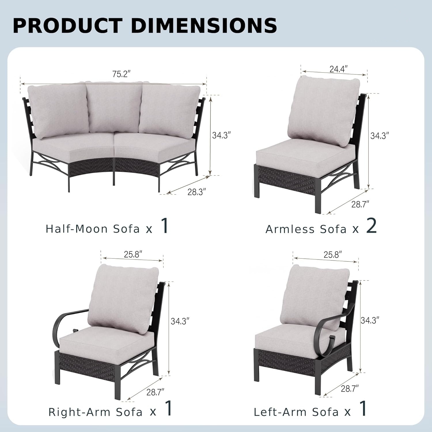 6 Seats Half-Moon Curved Outdoor Sectional Sofa Conversation Set