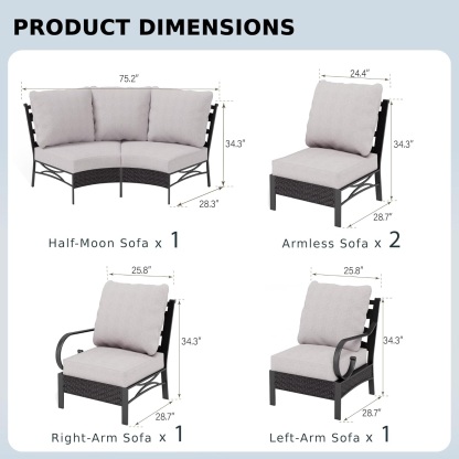 6 Seats Half-Moon Curved Outdoor Sectional Sofa Conversation Set