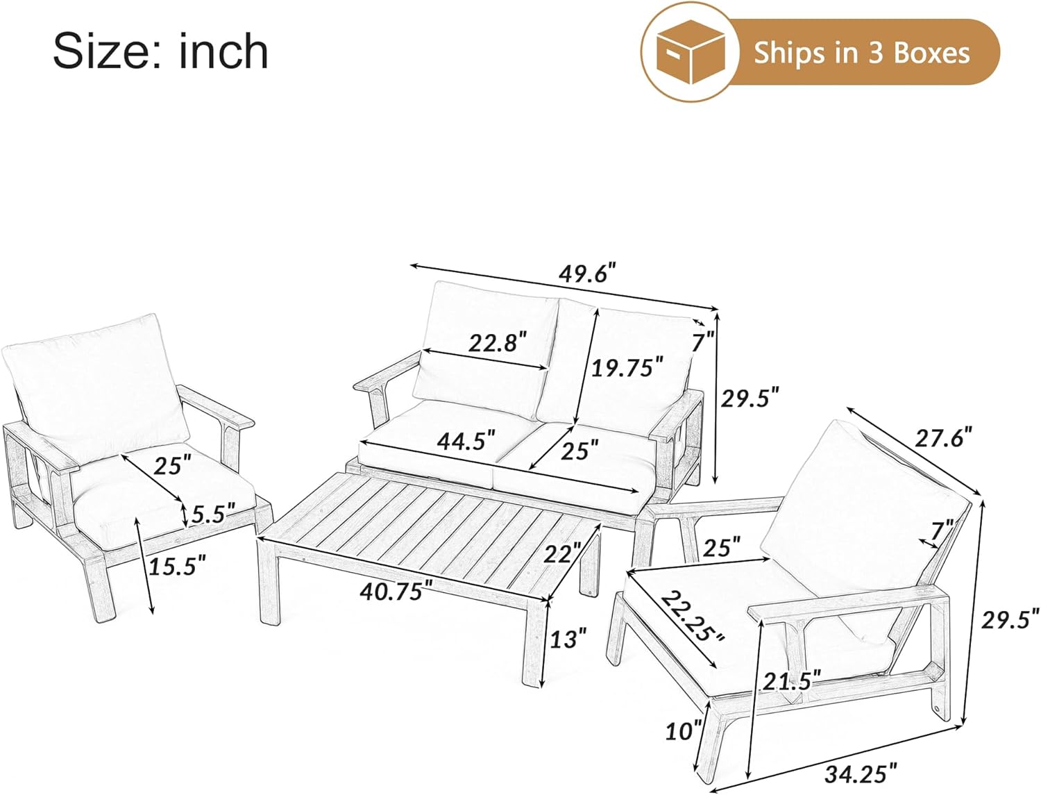 4-Pieces Acacia Wood Patio Furniture Set, All-Weather Sectional Sofa Set w/ 2 Chairs, Loveseat & Coffee Table