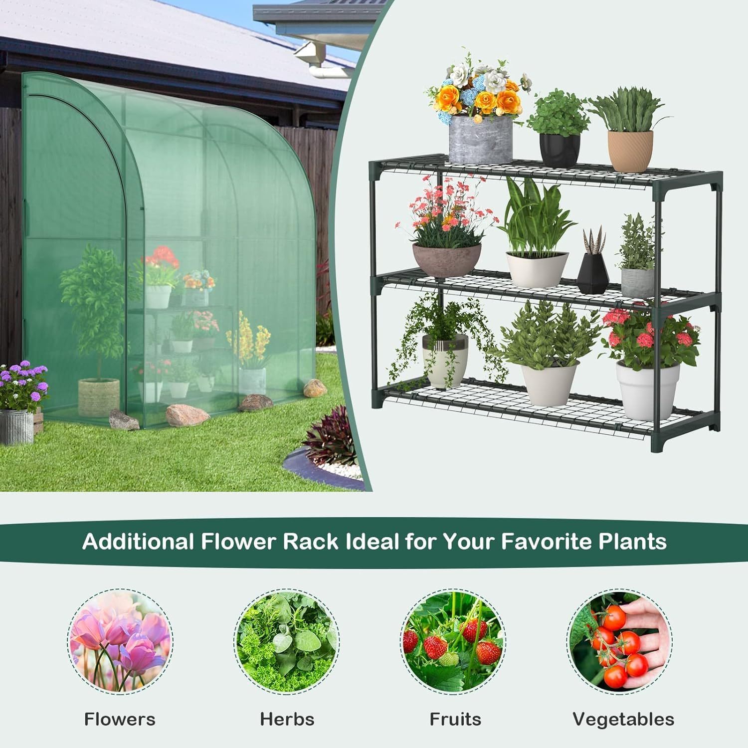 Walk-in Greenhouse, Indoor Outdoor Greenhouse with 3 Tiers Flower Rack, Weatherproof PE Cover & Roll-up Zipper Doors, Lean to Greenhouse for Garden Backyard Balcony