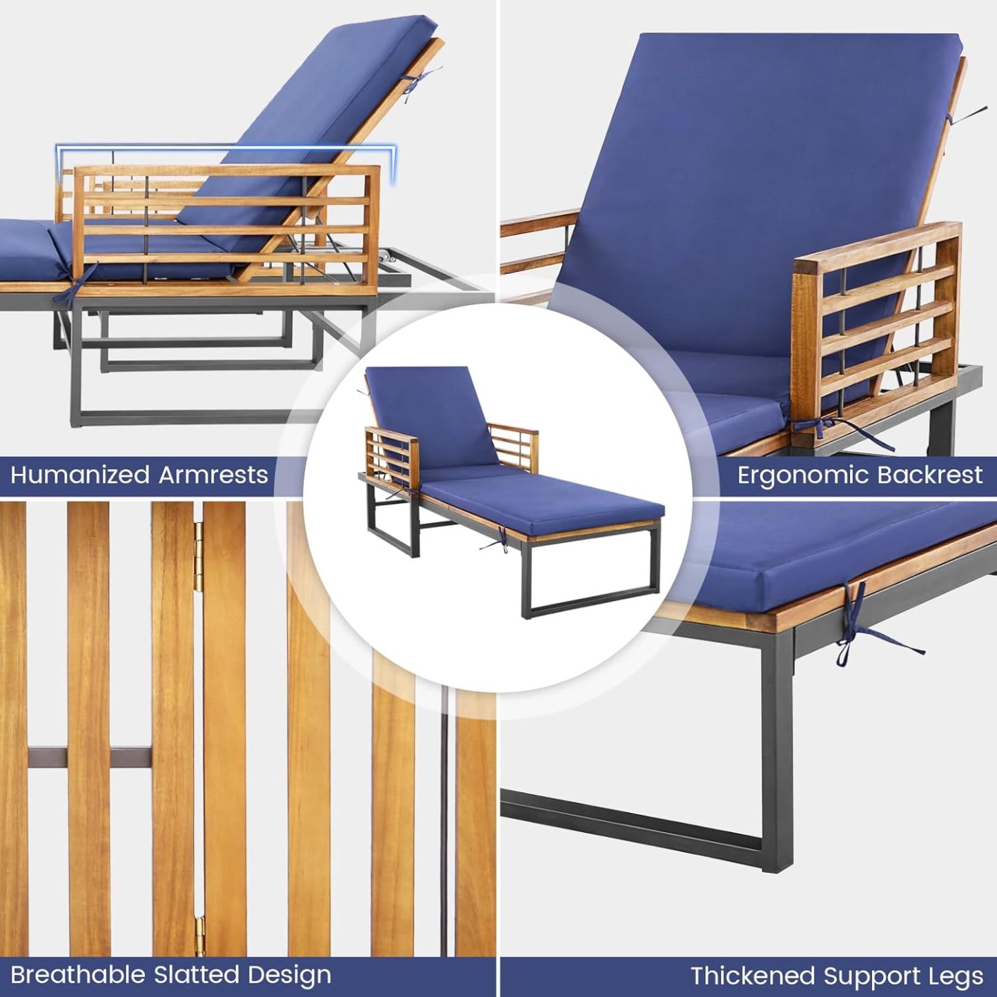 Acacia Wood Chaise Lounge Patio Recliner with 4-Position Adjustable Backrest & Padded Cushion, Outdoor Wooden Sun Lounger Sunbathing Chair for Backyard Beach Poolside