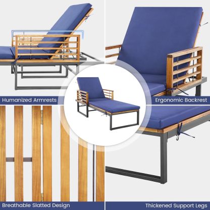 Acacia Wood Chaise Lounge Patio Recliner with 4-Position Adjustable Backrest & Padded Cushion, Outdoor Wooden Sun Lounger Sunbathing Chair for Backyard Beach Poolside