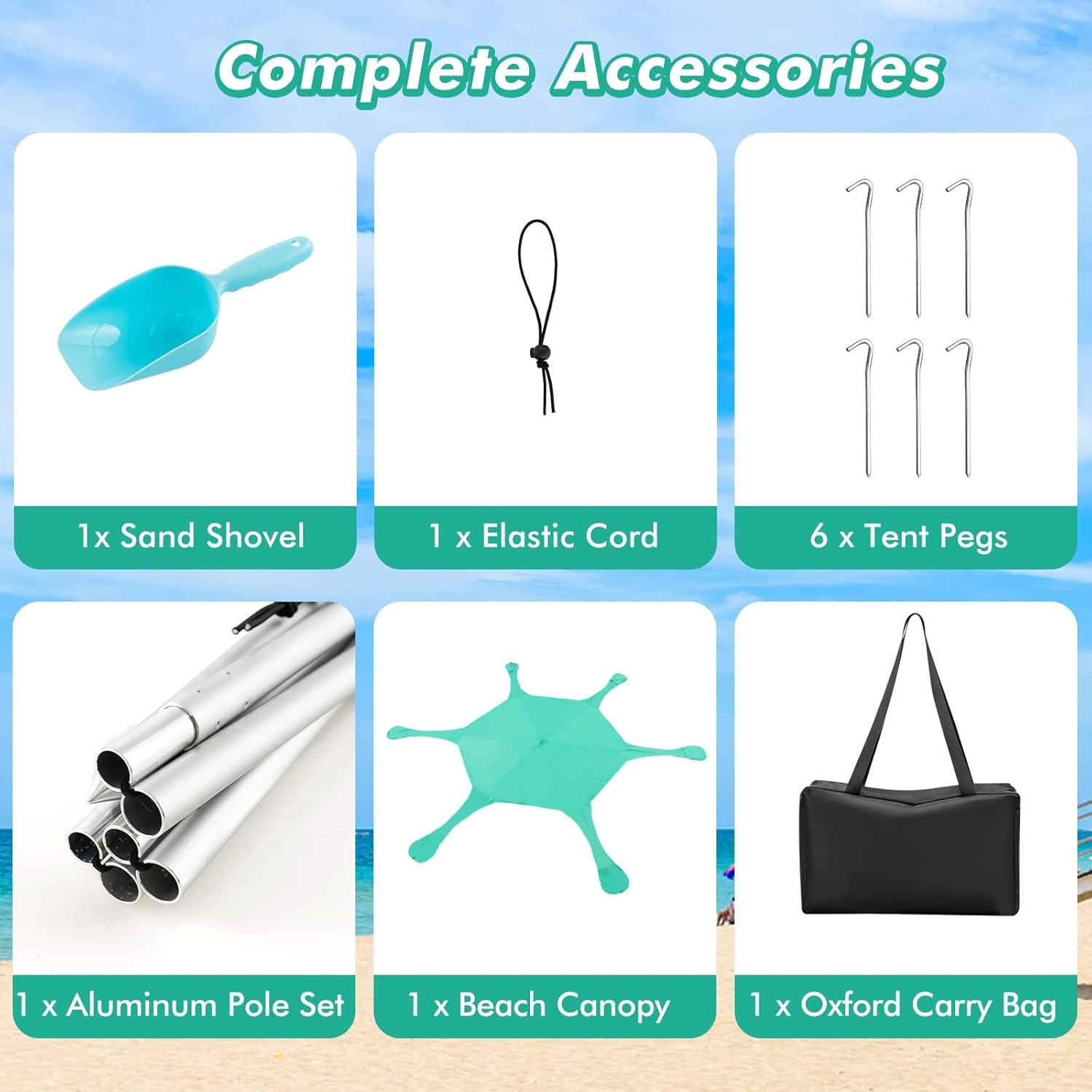 Beach Canopy Sun Shelter with Aluminum Pole, 20 FT x 20 FT, UPF 50+ Pop Up Tent with Sandbag, Tent Pegs, Sand Shovel, Carry Bag, Portable Outdoor Sunshade