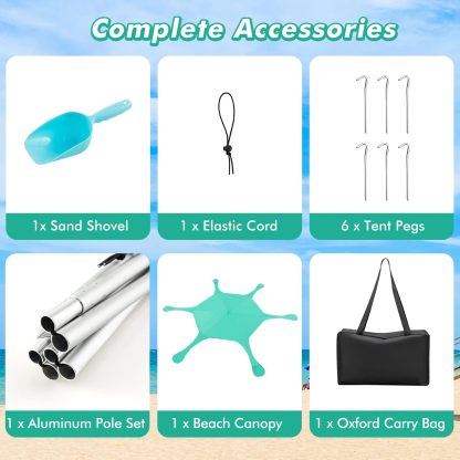 Beach Canopy Sun Shelter with Aluminum Pole, 20 FT x 20 FT, UPF 50+ Pop Up Tent with Sandbag, Tent Pegs, Sand Shovel, Carry Bag, Portable Outdoor Sunshade