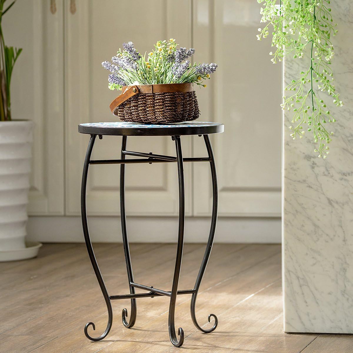 Outdoor Side Table, Round Patio Table with Ceramic Mosaic Table Top and Steel Frame, Small End Table Garden Plant Stand Table for Balcony Porch Deck