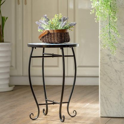 Outdoor Side Table, Round Patio Table with Ceramic Mosaic Table Top and Steel Frame, Small End Table Garden Plant Stand Table for Balcony Porch Deck