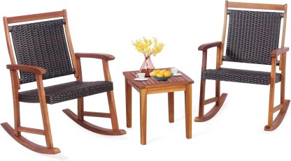 3 Pieces Rocking Bistro Set Acacia Wood Patio Rocking Chairs with Coffee Table, Rattan Wicker Rocking Conversation Set for Garden Porch Backyard