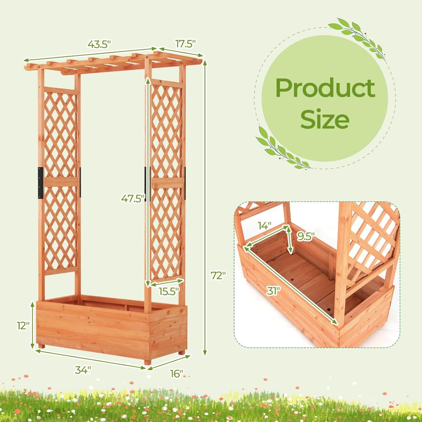 72" Raised Garden Bed with Trellis, Freestanding Wood Planter Box w/Hanging Roof & 2 Drainage Holes for Vine, Climbing Plants, Flowers, Outdoor Planter