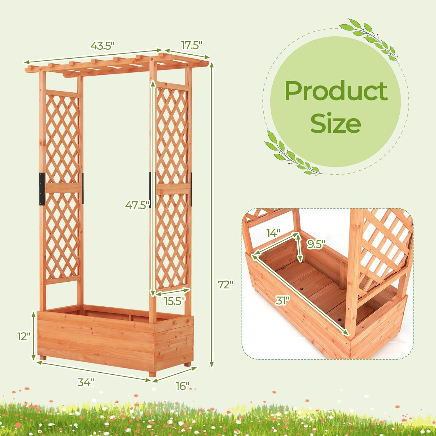 72" Raised Garden Bed with Trellis, Freestanding Wood Planter Box w/Hanging Roof & 2 Drainage Holes for Vine, Climbing Plants, Flowers, Outdoor Planter