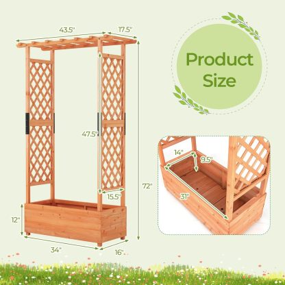 72" Raised Garden Bed with Trellis, Freestanding Wood Planter Box w/Hanging Roof & 2 Drainage Holes for Vine, Climbing Plants, Flowers, Outdoor Planter