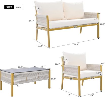4-Piece Outdoor Patio Furniture Set - Outdoor Rope Furniture with Tempered Glass Table, Patio Conversation Set Deep Seating with Thick Cushion