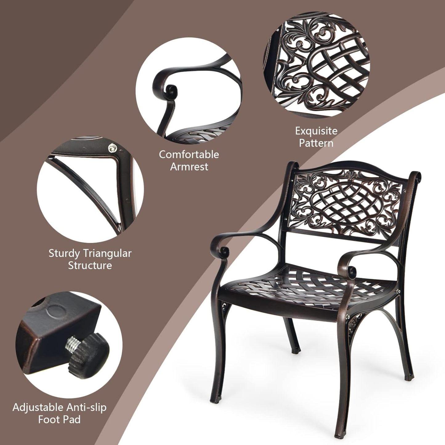 Aluminum Bistro Chairs Set of 2, All-Weather Patio Dining Chairs Armchairs Set for Porch Garden Poolside Backyard