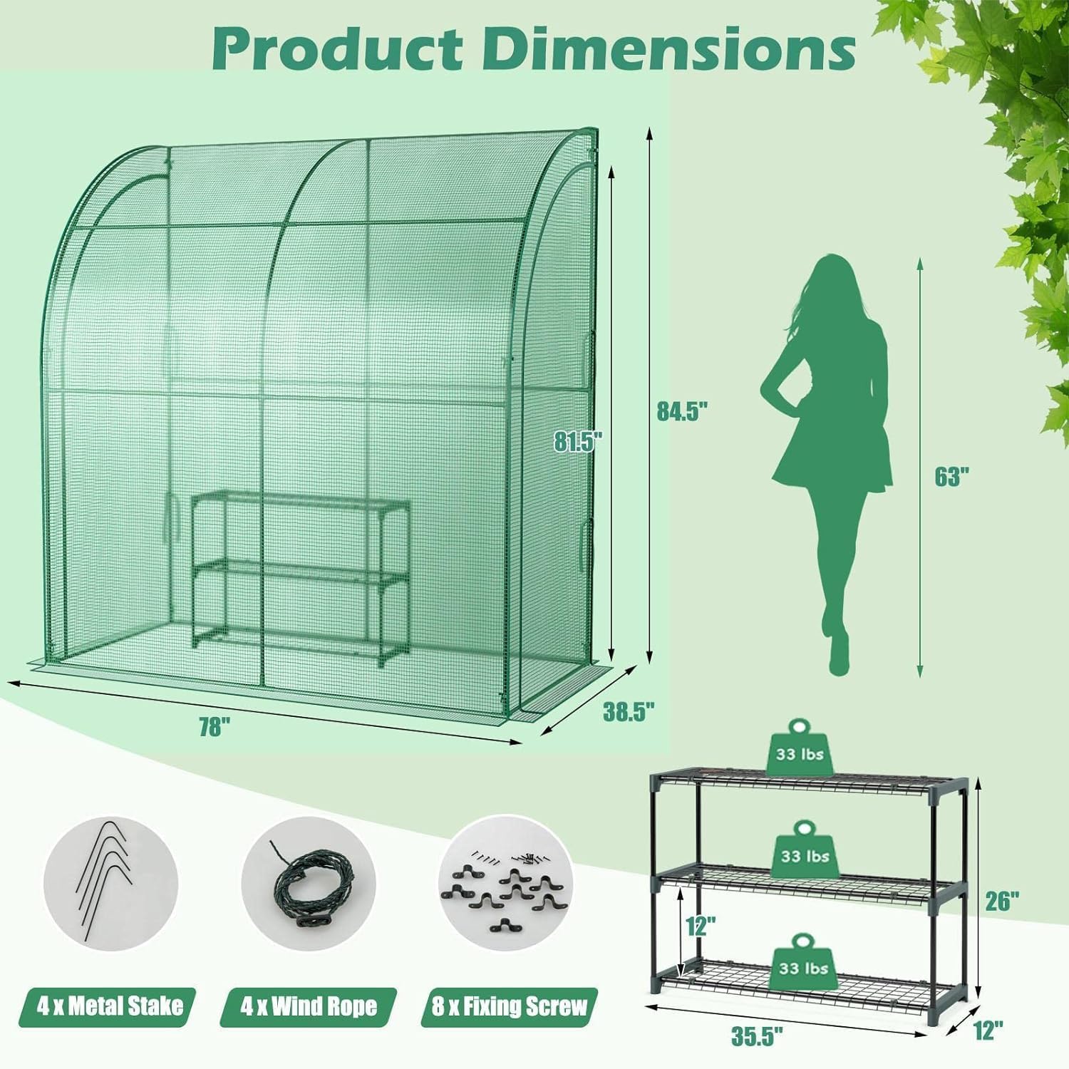Walk-in Greenhouse, Indoor Outdoor Greenhouse with 3 Tiers Flower Rack, Weatherproof PE Cover & Roll-up Zipper Doors, Lean to Greenhouse for Garden Backyard Balcony