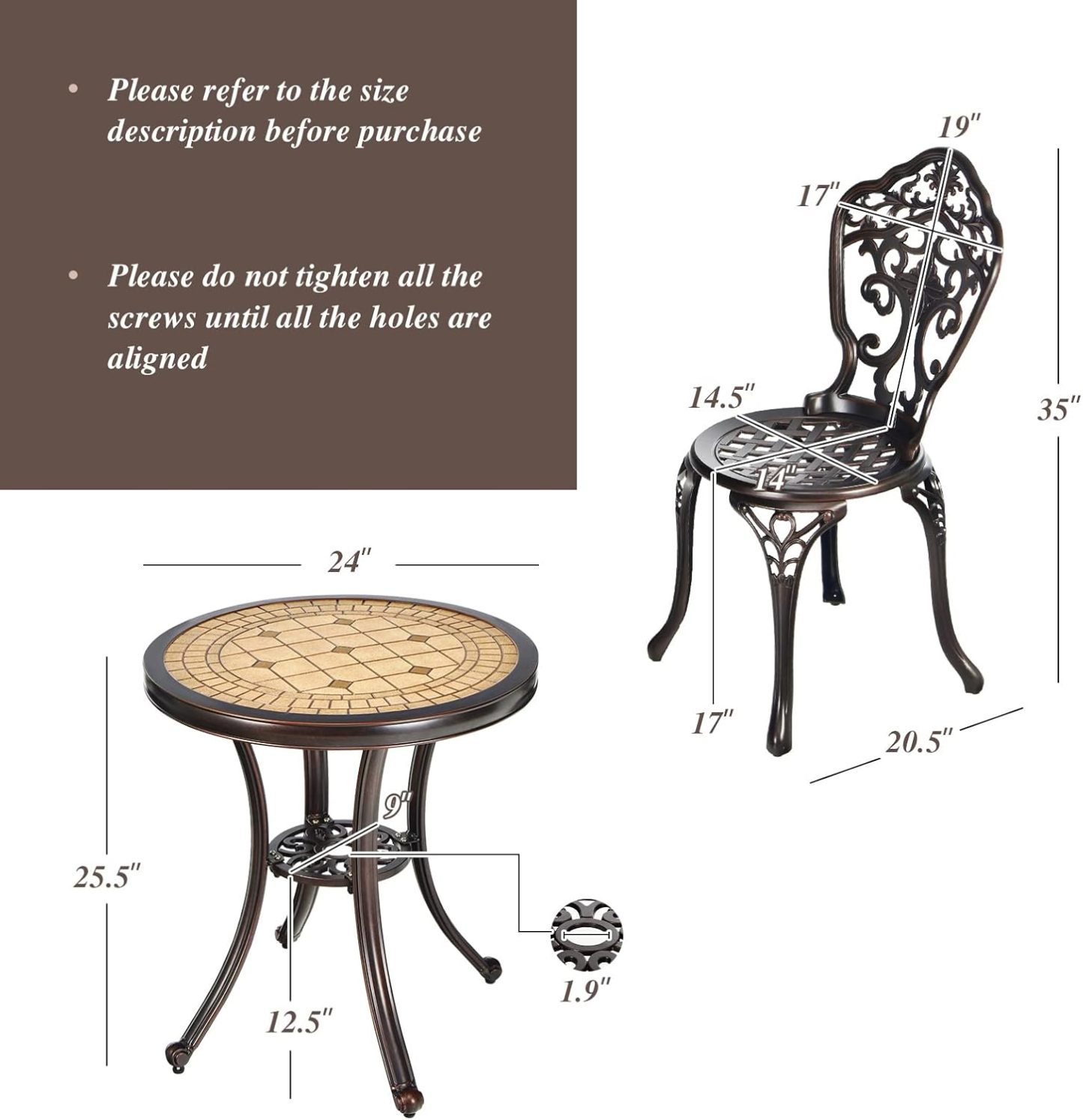 3-Piece Patio Bistro Set, All-Weather Cast Aluminum Table and Chairs, Outdoor Patio Table and Chairs Furniture for Porch Garden Poolside Backyard