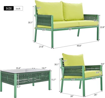 4-Piece Outdoor Patio Furniture Set - Outdoor Rope Furniture with Tempered Glass Table, Patio Conversation Set Deep Seating with Thick Cushion for Backyard Porch Balcony (Green)