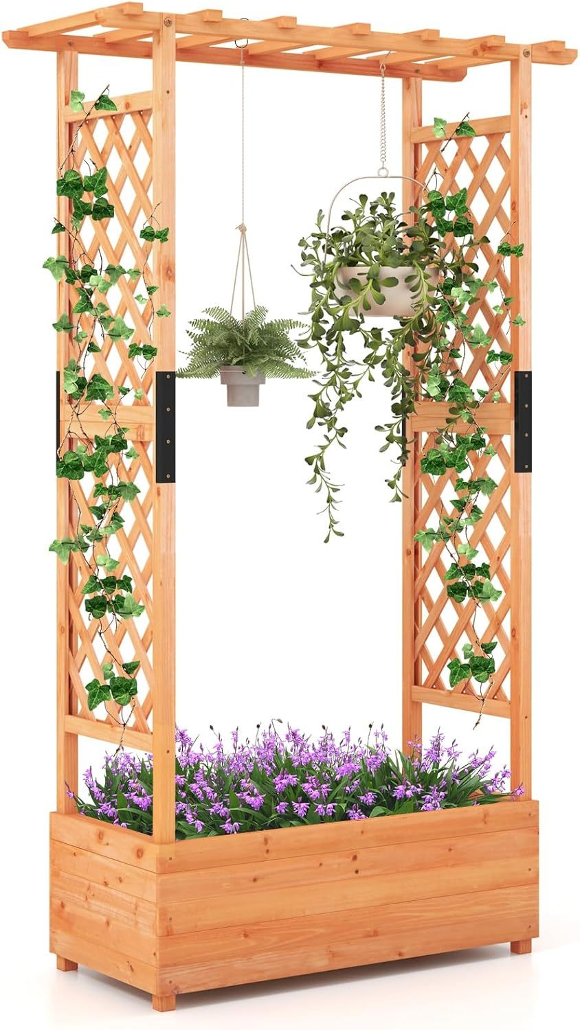 72" Raised Garden Bed with Trellis, Freestanding Wood Planter Box w/Hanging Roof & 2 Drainage Holes for Vine, Climbing Plants, Flowers, Outdoor Planter