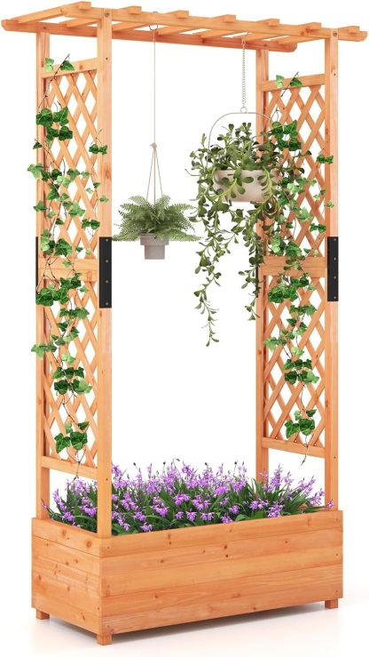 72" Raised Garden Bed with Trellis, Freestanding Wood Planter Box w/Hanging Roof & 2 Drainage Holes for Vine, Climbing Plants, Flowers, Outdoor Planter