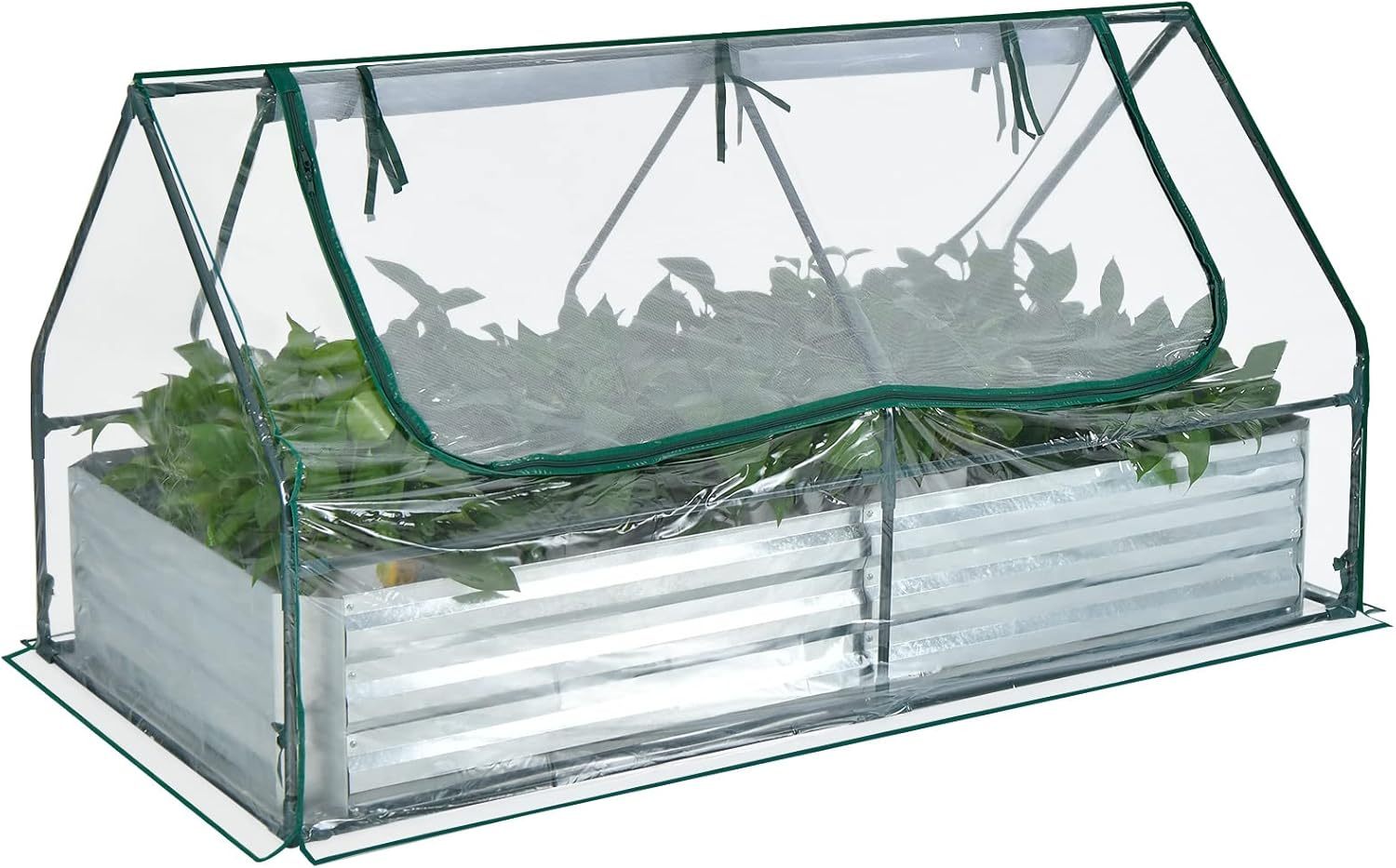 Raised Garden Bed with Cover, Outdoor Raised Planter Box Kit w/2 Large Zipper Mesh Screen Windows, Galvanized Metal Raised Bed Greenhouse for Gardening, Flowers, Vegetables (Silver)